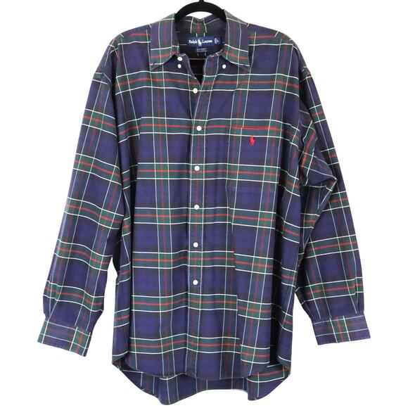 Polo Ralph Lauren Big Shirt Mens Blue Green Red Plaid Button Down Collar Large - Picture 1 of 8